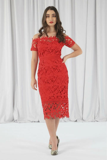 Red Bardot Lace Dress Double Second
